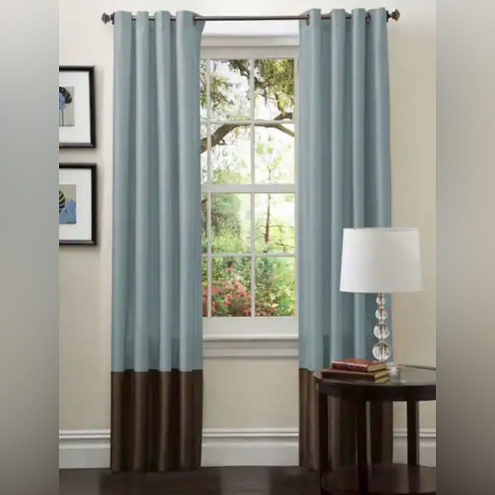 Porch & Den Lapeyrous Faux Silk Curtain Panel Pair 52"W x 84"L - Blue/Chocolate
